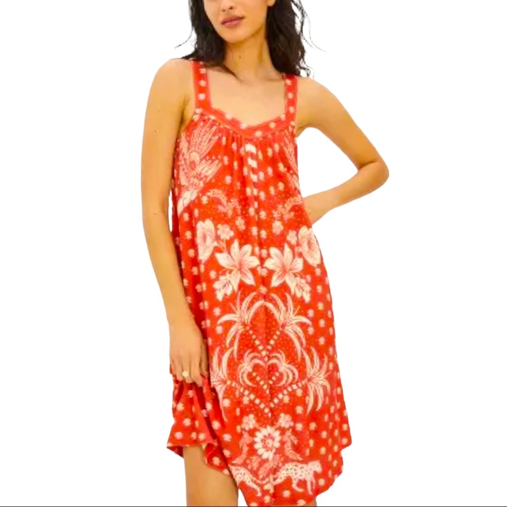 Farm Rio x Anthropologie Palm Tree Printed XS Orange Red Floral Cheetah Shift